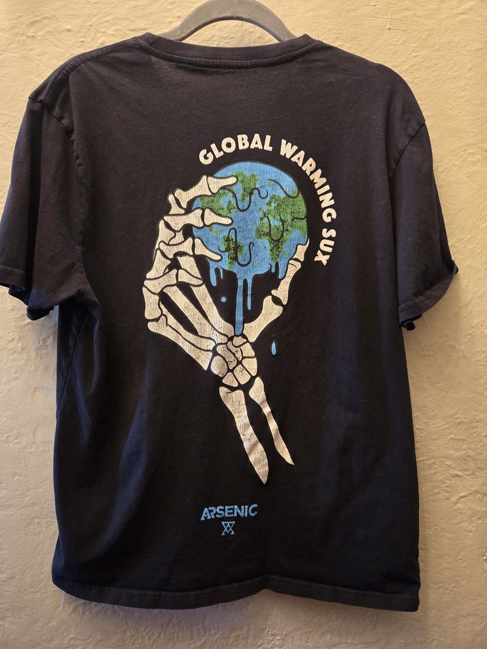 Arsenic Global Warming Sux Graphic T Shirt L Black Cool It Skeleton Earth Tee